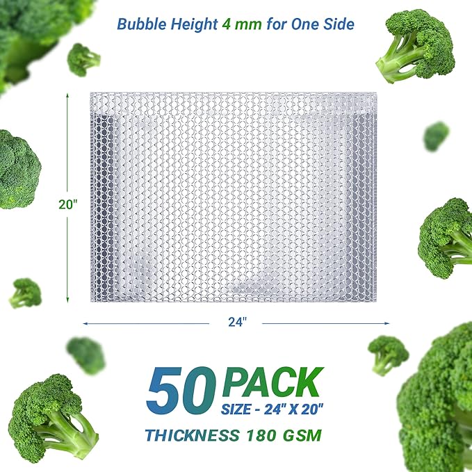 Amiff Silver Thermal Bubble Mailer, 24 x 20 Inches. 50 Pack Metallic Bubble Mailers. Self-Seal Insulated Mailers for Cold Shipping. Padded Envelopes Waterproof. Thermal Bag for Food, Cosmetics