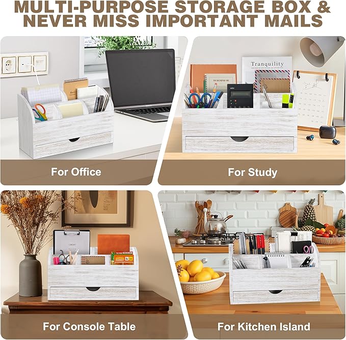 SeekElegant Wood Mail Organizer with Drawer & Pen Holder, White Mail Holder with 5 Detachable Compartments, Desk Organizer for Bill Envelope Storage, for Office Entryway Kitchen Countertop