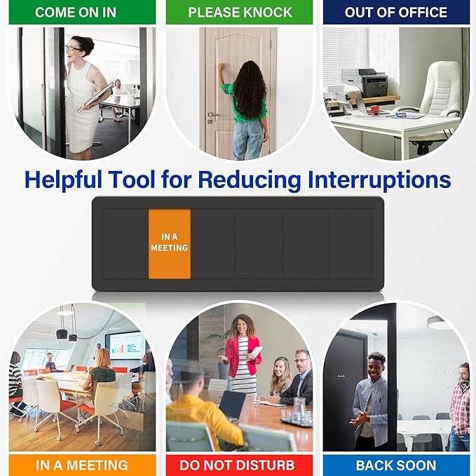 Office Door Signs with 6 Printed Status Options – Do Not Disturb, Out of Office, In a Meeting, Please Knock, Back Soon, Come on in – Includes Custom Personalized Blank Sticker for Privacy Workspace or Studio Available and Away