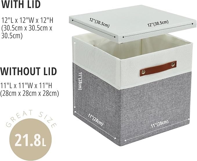 DECOMOMO Storage Basket with Lid, Storage Cubes with Handles, Fabric Box with Lid (Grey and White, 11” / 3 Pack)