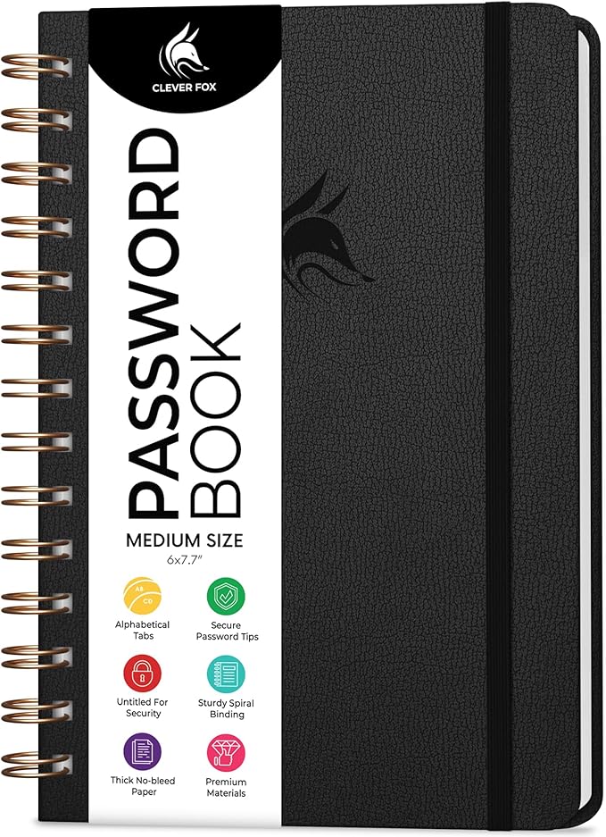 Clever Fox Password Book Spiral – Internet Address & Password Organizer with Laminated Alphabetical Tabs – Password Keeper Journal – Hardcover, Medium Size, 6.1x7.7” (Black)