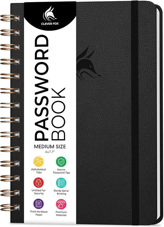 Clever Fox Password Book Spiral – Internet Address & Password Organizer with Laminated Alphabetical Tabs – Password Keeper Journal – Hardcover, Medium Size, 6.1x7.7” (Black)