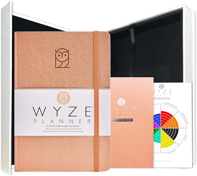 Wyze Planner Undated Daily Planner – 1-Year B5 Productivity Organizer with Two-Page Weekly Spread, Goal Setting, Habit Tracker, Weekly & Monthly Pages – Hardcover Time Management Notebook (Rose Gold)