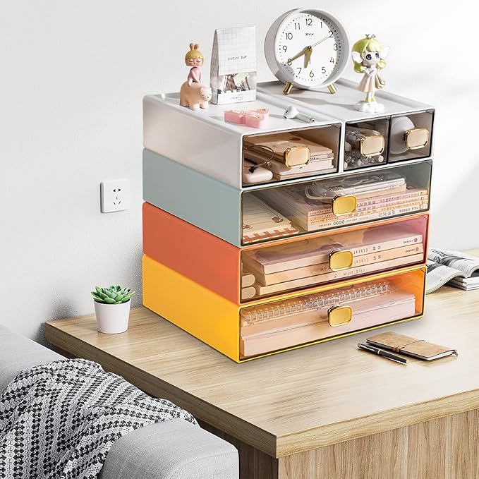 DETEIN 2PACK Stackable Desktop Storage Organizer Plastic Desk Organizer with Drawer Stacking Drawer for Pantry, Locker, Makeup, Vanity, Garage and Small Organization(M - 1 Drawer, Cream White)