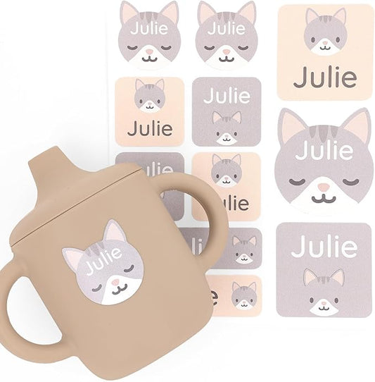 Large Name Labels for Kids (33) - Custom Stickers for Daycare and School Supplies - Durable, Waterproof Stickers for Water Bottles, Lunch Boxes, and More with Unique Designs - Kitten