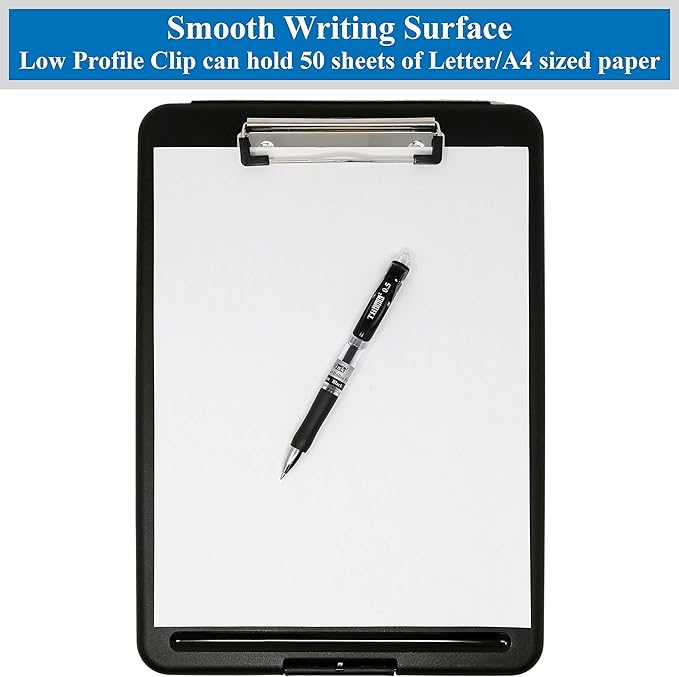 Think2Master Black Plastic Storage Clipboard. | 25% Heavier & 25% Sturdier| Heavy Duty and Won’t Flex or Bend Like Other Brands (Compare The Weight). Storage Compartment Holds 150 Letter Sized Paper.