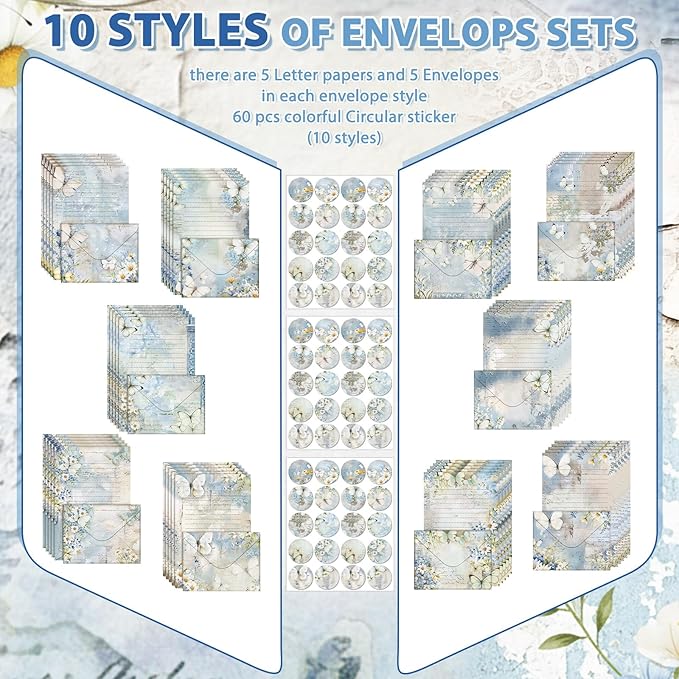 TaoBary 160 Pcs Stationery Paper Set 50 Double Sided Stationery Papers with 50 Matching Envelopes and 60 Round Dot Sticker, 10 Design (Serenity Junk,8.25 x 5.5 Inch)