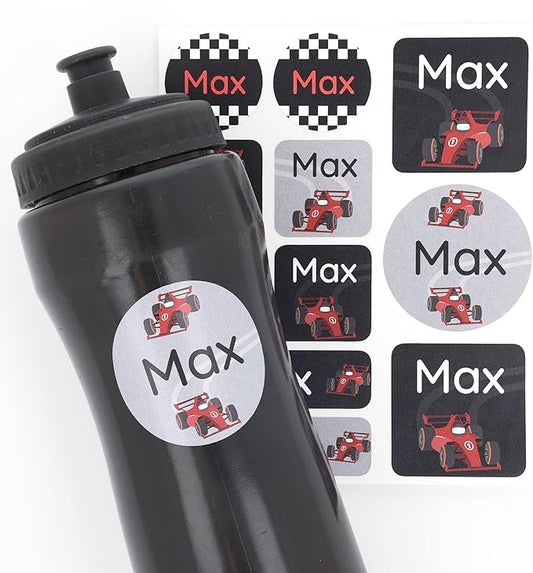 Large Name Labels for Kids (33) - Custom Stickers for Daycare and School Supplies - Durable, Waterproof Stickers for Water Bottles, Lunch Boxes, and More with Unique Designs - Race Car