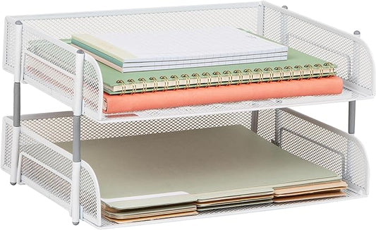 Mind Reader Stackable Paper Tray, Desktop Organizer, File Storage, Office, Metal Mesh, 13.5" L x 10" W x 7.25" H, 2 Pcs., White