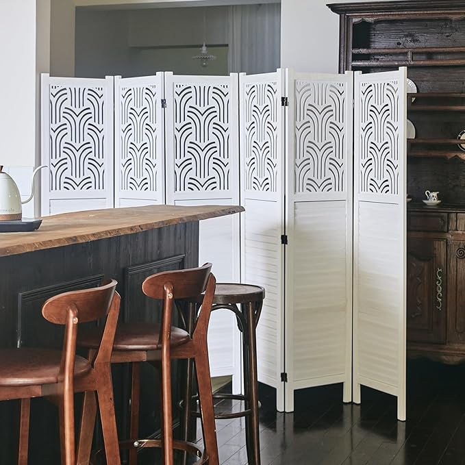 Svimi Folding Room Divider, 66.9 Inch 6 Panels Wood Carved Privacy Screens, Free Assembled Freestanding Portable Separation Wall for Home Office Restaurant Bedroom (White)