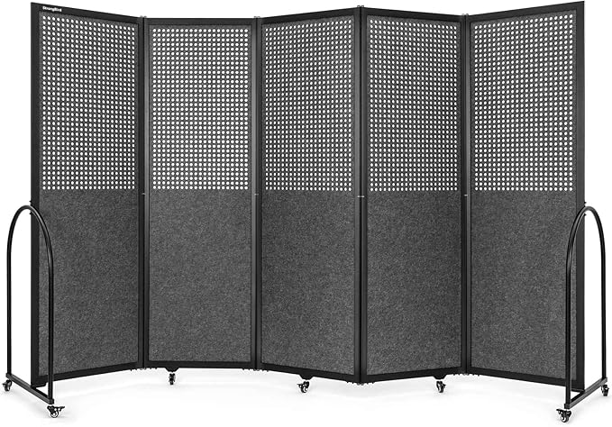 Folding Room Partition,Freestanding Privacy Divider,Portable Office Divider Wall,Commercial Space Partition Screen,Perforated Felt Panel Design,10'6"W x 6'7"H,5 Panel,Dark Grey