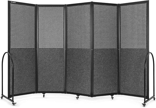 Folding Room Partition,Freestanding Privacy Divider,Portable Office Divider Wall,Commercial Space Partition Screen,Perforated Felt Panel Design,10'6"W x 6'7"H,5 Panel,Dark Grey