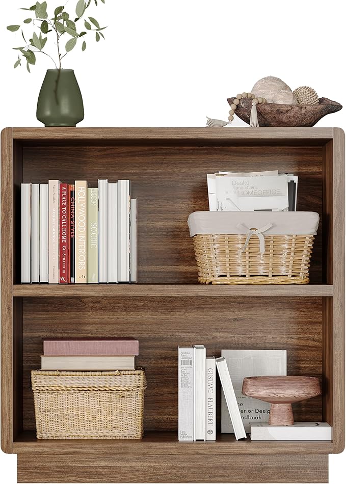 ChooChoo 2-Tier Bookcase, Small Wooden Bookshelf, Farmhouse Bookshelf with Open Storage, Short Bookcase for Bedroom and Home Office, Brown Walnut