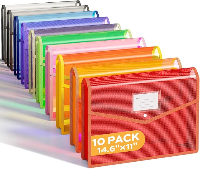Deli 10 Pack Plastic Expanding File Folder, Folders for Documents with Snap Closure, Colorful File Folder Organizer, Transparent Accordion File Organizer, Large Capacity, Fit Legal/B4 Size, 9 Colors
