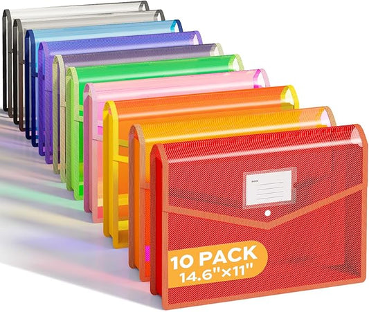 Deli 10 Pack Plastic Expanding File Folder, Folders for Documents with Snap Closure, Colorful File Folder Organizer, Transparent Accordion File Organizer, Large Capacity, Fit Legal/B4 Size, 9 Colors