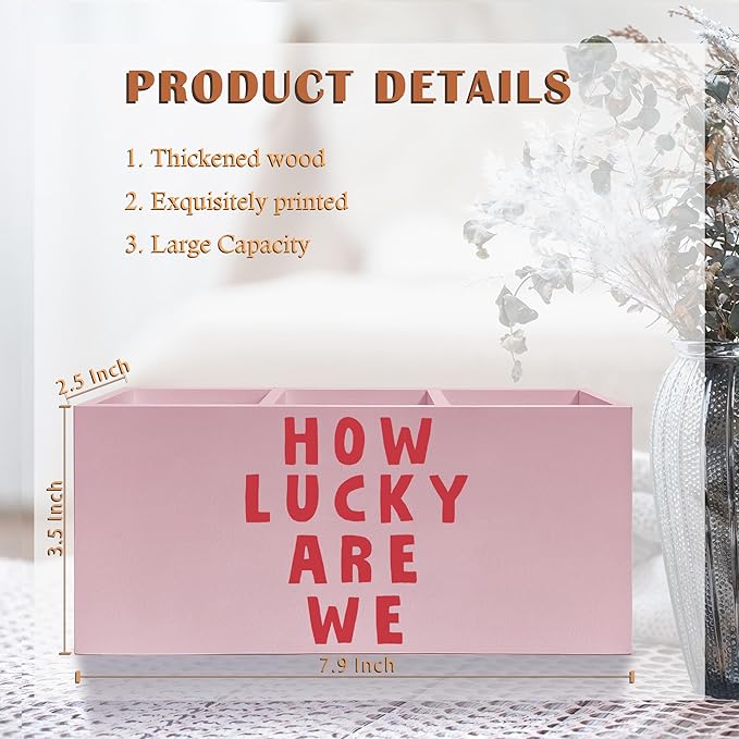 Exqcom Pink Positive Quotes Makeup Brush Holder, Pink Preppy Toothbrush Holders for Girls Bathroom, How Lucky Are We Pen Holder Organizer for Dorm Bedroom Desk Accessories