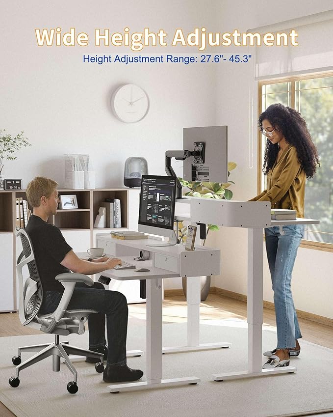 YIHAYO Electric Standing Desk with Drawers, 40 x 24 Inches Adjustable Desk with Storage Shelf, Stand Up Desk with Splice Board, Computer Table for Home Office,White Frame/White Top