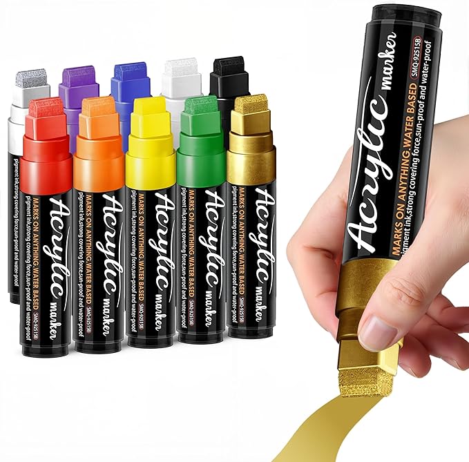 Acrylic Paint Markers, 10 Colors Poster Markers Jumbo 16mm Wide Tip Permanent Ink 36g, Thick Acrylic paint pens for Fabric, Poster, Glass, Rock Painting, Stone, Wood, Car, Ceramic