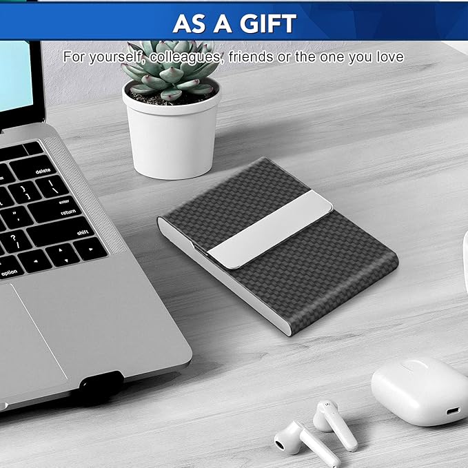 DMFLY Business Card Holder, Metal Slim Business Card Case, Pocket Card Holder for Women or Men, PU Leather Business Card Holder Case RFID Blocking Name Card Holder with Magnetic Closure, Black Carbon | Slim, Business Card Case, Pocket Card Holder, RFID...