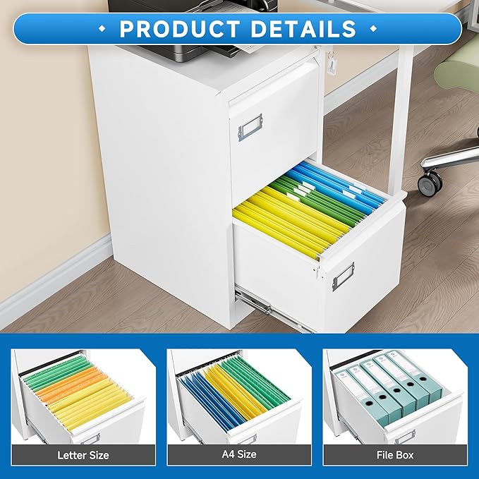 BYNSOE 2 Drawer File Cabinet with Lock Metal Vertical Filing Storage Cabinet Office Home Steel Vertical File Cabinets for A4 Legal/Letter Size Narrow File Cabinet Locked,Assembly Required