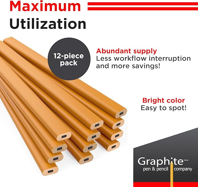 GRAPHITE Hard Lead Carpenter Pencils Bulk - (1) Pack of 12 Pieces Lumber Wooden Pencil #2 (HB) - Yellow