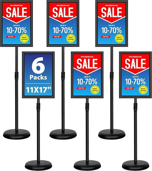 VAIIGO 6Packs 11x17 Inch Adjustable Pedestal Poster Sign Stand, Heavy Duty Floor Standing Sign Holder Stand Aluminum Snap Open Frame for Vertical and Horizontal View Sign Displayed(Black)