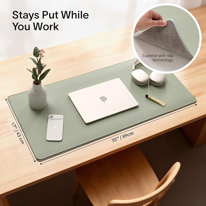 Nordik Felt and Leather Desk Mat - Willow Haze Sage - 35x17 Inch Felt and Vegan Leather Desk Blotter with Document Hideaway - Large Computer Mats for Desktop - Ideal Keyboard Mat for Office and Home