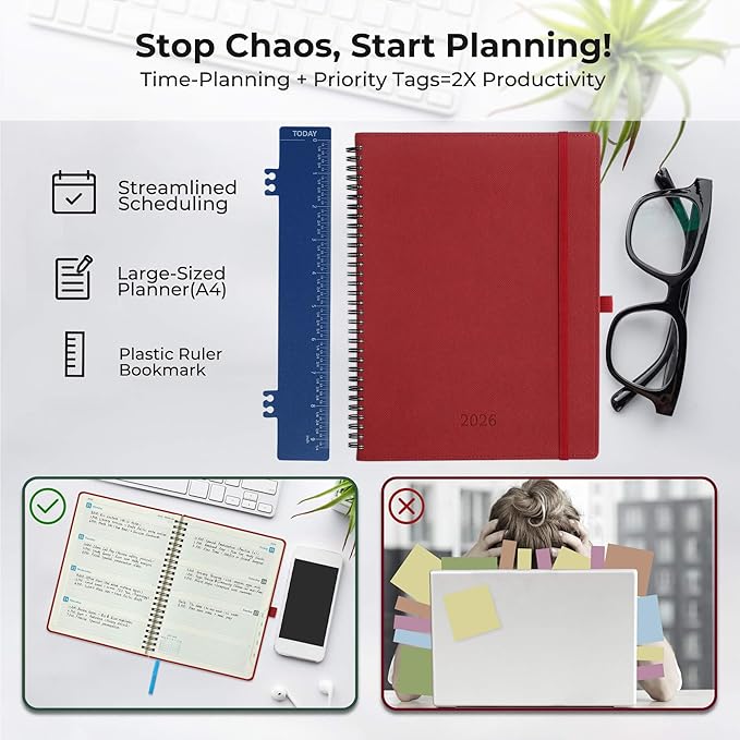 IN-LUXPRO Planner 2026 Daily Weekly and Monthly,11.5"x8.5",12 Months Spiral Bound Calendar Agenda with Self-adhesive Pen Holder,2026 Appointment Book with Vegan Leather Soft Cover,Red