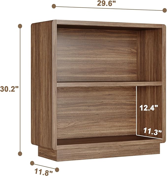 ChooChoo 2-Tier Bookcase, Small Wooden Bookshelf, Farmhouse Bookshelf with Open Storage, Short Bookcase for Bedroom and Home Office, Brown Walnut