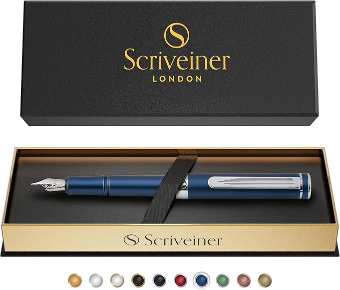 Scriveiner Luxury EDC Fountain Pen (Fine), Stunning Matt Blue Pocket Pen, Chrome Finish, Schmidt German Nib, Converter, Best Writing Pen Gift Set for Men & Women, Nice Fancy Office Designer Pen
