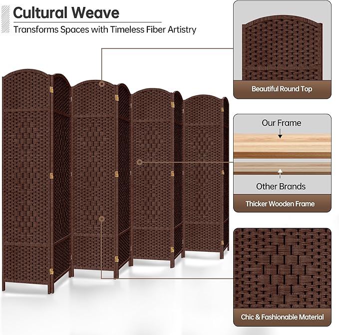 DURASPACE 8 Panel Room Divider, 6ft Tall Folding Privacy Screen, 360°Rotation, Hand-Woven Freestanding Wood Partition for Room Separation