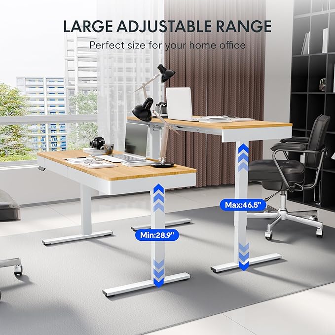 FLEXISPOT Q5 Standing Desk with Drawer, 55 x 24 Inch Whole Piece Electric Adjustable Height Stand Up Computer Workstation for Home, Office, Maple