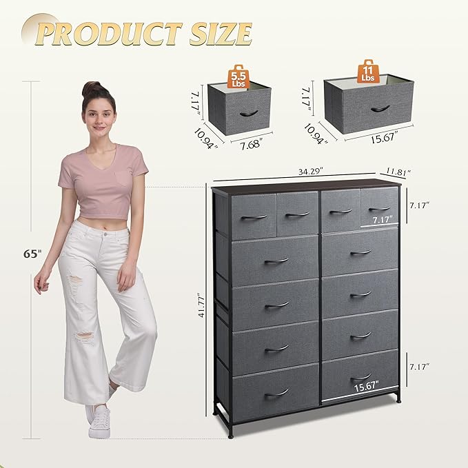WLIVE Tall Dresser for Bedroom with 12 Drawers, Chests of Drawers, Fabric Dressers for Closet, Living Room, Storage Dresser Organizer with Wood Top, Steel Frame, Dark Grey