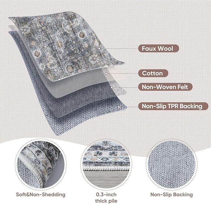 Rugcomf Runner Rug for Hallways Kitchen Non Slip 2'x 6' Washable Rugs with Rubber Backing Soft Floral Carpet for Hallways, Kitchen, Laundry, Bedroom, Bathroom(Grey)