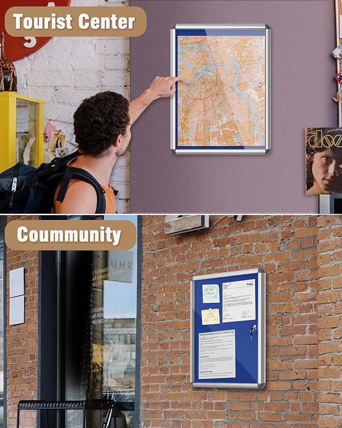 Mifuro 26"x20" Enclosed Bulletin Board, Lockable Weather-Resistant Aluminum Cork Noticeboard for School & Office, Silver Frame w/Blue Flet