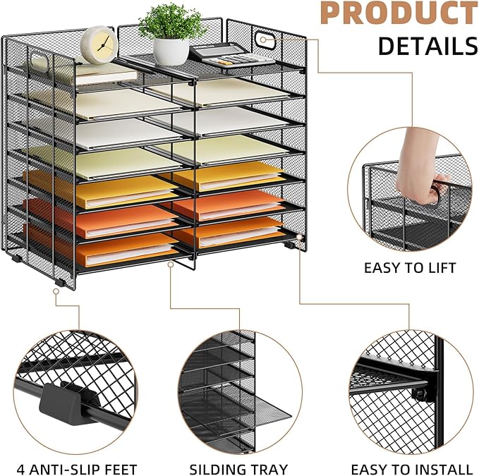 Marbrasse Desktop Literature Organizer, 12 Compartments Mesh Paper Organizer Desk Organizers, Adjustable File Sorter Mail Center Paper Storage Cabinet Classroom Mailbox for Office Home School, Black