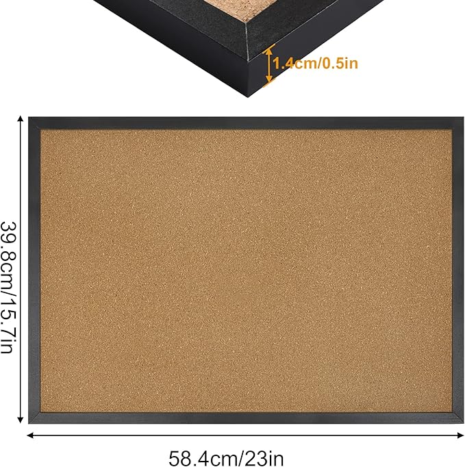 FEBSNOW Cork Board Bulletin Board 23 x 15.7Inches with Rectangle Black Frame Hanging Pin for Walls Office Message Board or Vision Board Decoration
