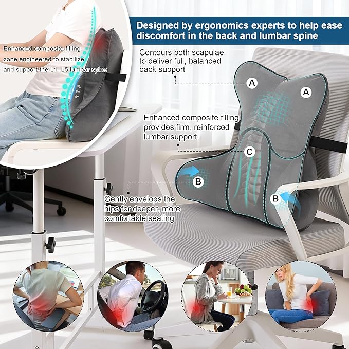 Ailuteie Lumbar Support Pillow(Pat. Pend) – Ergonomic Multi-Zone Back Cushion for Lower Back Pain Relief, Ideal for Office Chair, Car Seat & Home Reading,Steel Gray