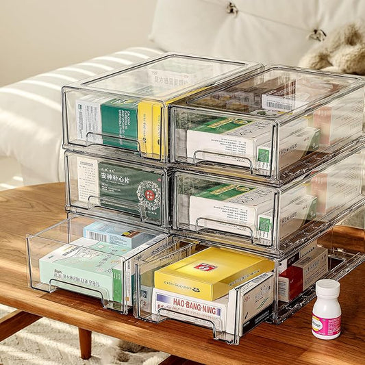 Sgoostood 6 Pack Stackable Organizer Drawers, Clear Desk Storage Box,Transparent Drawer in Home, Office and Kitchen Pull Out Organizer Bins for Make Up, Jewelry, Pen, Desktop Stationary (6L drawer)