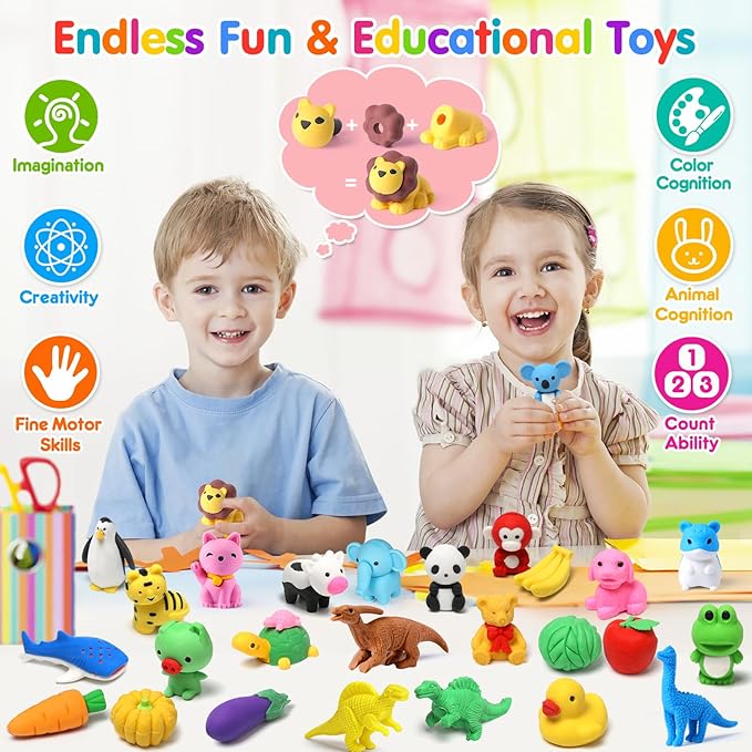 Palmatte 40PCS Mini Animal Erasers Kids Prizes Treasure Box Toys Classroom Rewards Desk Pets Pencil Erasers Bulk Cute School Supplies Kids Party Favors Goodie Bag Stocking Stuffers Easter Egg Fillers