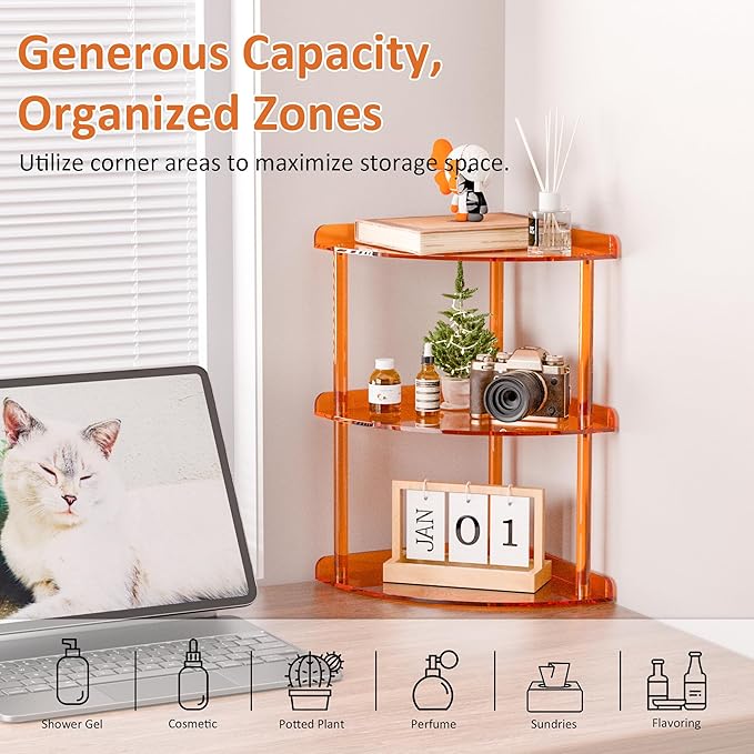 Sezanrpt 3 Tier Acrylic Corner Shelf Organizer Storage 9.5x9.5x15.7 Inch, Orange Countertop Corner Shelf for Bathroom, Kitchen, Bedroom, Office, Study Room