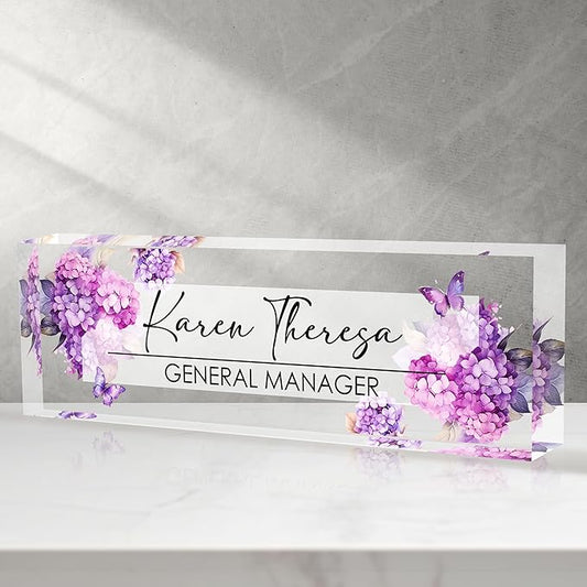 Custom Office Name Plate, Personalized Gifts for Women & Men, Appreciation Gifts for Employees, Boss, Teacher - Office Desk Accessory (Purple Hydrangea Flower)