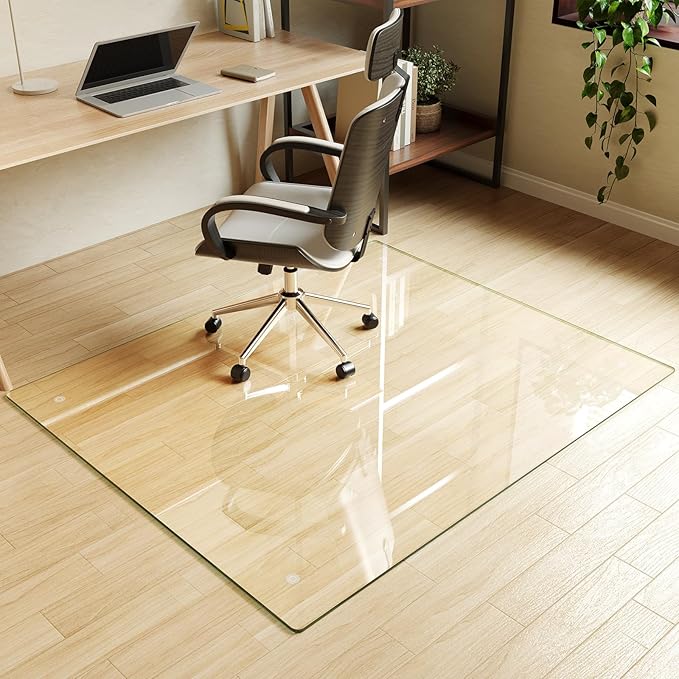 Koonmi Tempered Glass Chair Mat for Hardwood Floors & Carpets, 46" x 55“ Transparent Heavy Duty Office Floor Protector with Noise-Free Gliding Shatterproof for Home Office Desk
