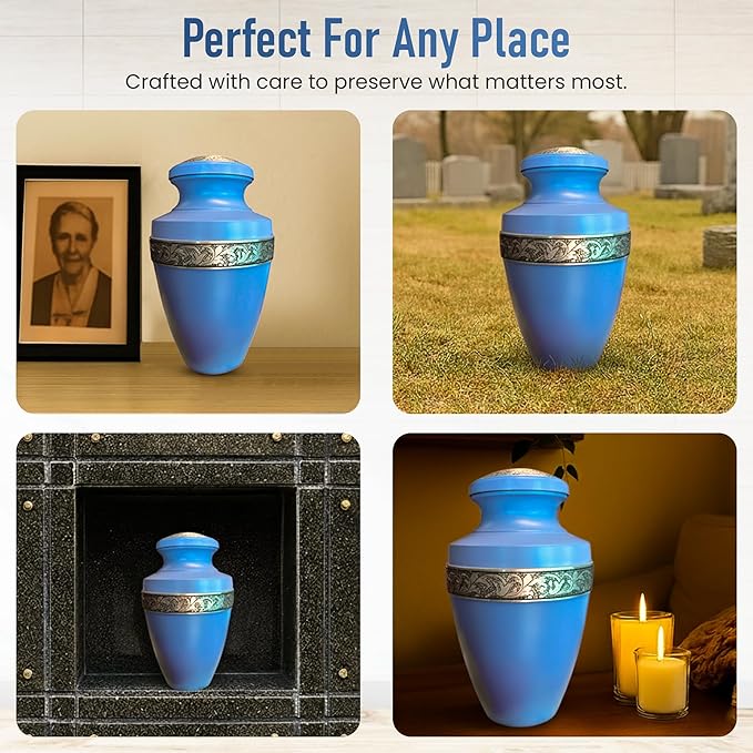 Modern Memorials Cremation Urn for Ashes - Large Urn for Man & Women - 200 Cubic Inches - Includes Velvet Storage Bag - Sky Blue with Silver Band