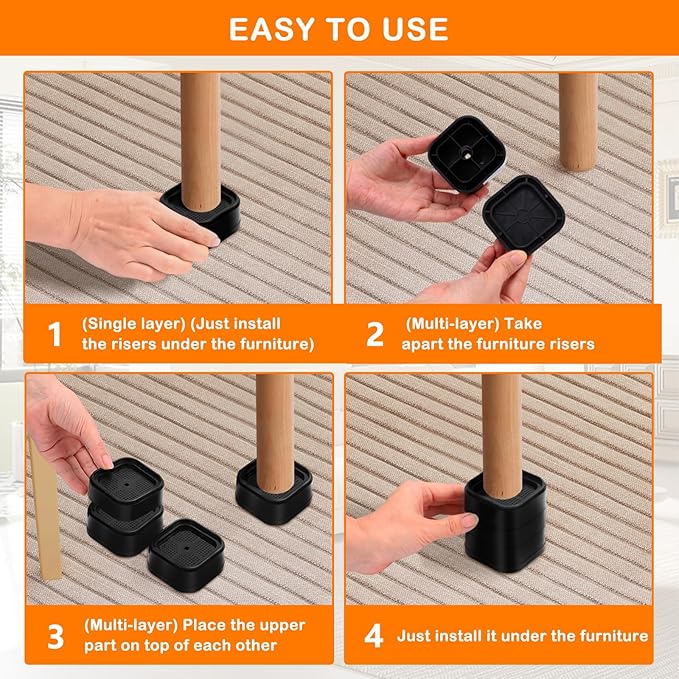 shouwuhho 8 Pack Furniture Risers Adjustable Bed Risers Heavy Duty Lifts Height 1", Square Stackable Bed Risers 1, 2 or 3 Inch for Desk Leg Table Couch Sofa Chair Bed Frame Legs Dorm, Black