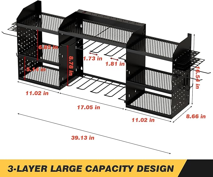 VDEVY Power Tool Organizer Wall Mount with Charging Station, Heavy-Duty Metal Garage Tool Storage Rack & 8 Outlet Power Strip, 51 Inch 3 Tier 8 Bin Shelves for Workshop Organization