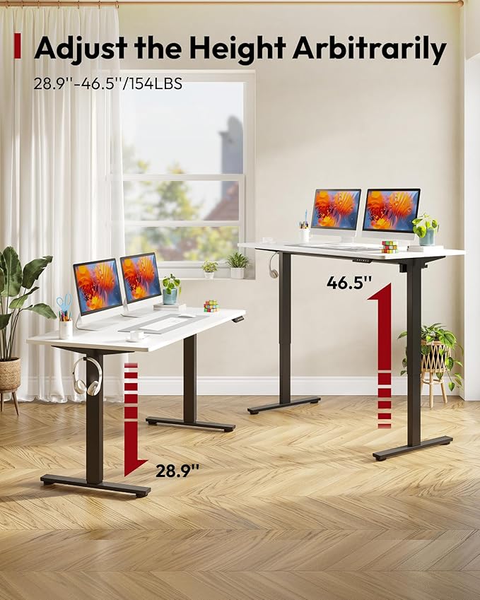 SANODESK Electric Standing Desk 55 x 28 Inches Whole-Piece Desktop Height Adjustable Stand Up Desk w/6-Button Controller Ergonomic Computer Desk for Home Office, Black Frame + White Tabletop