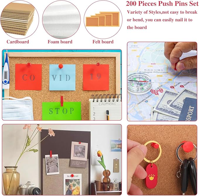 200 Pieces Push Pins, 5 Style Red Thumb Tacks Decorative Push Pins for Cork Board Office Wall Bulletin Board Craft Project Home Supplies