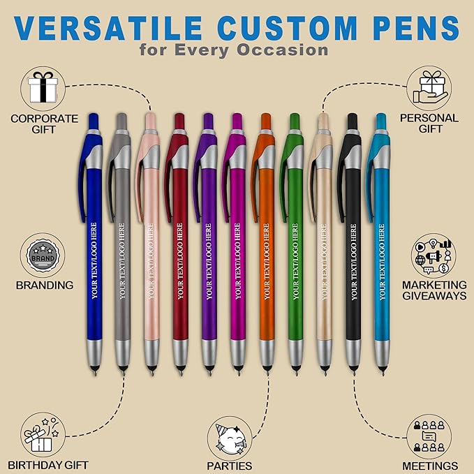 Personalized With your Custom Logo or Text Pens-Pack of 300- for Marketing, Parties, and Events, 2 in 1 Capacitive Stylus & Ballpoint Pen Compatible With Touchscreen Devices, Black Ink, Assorted