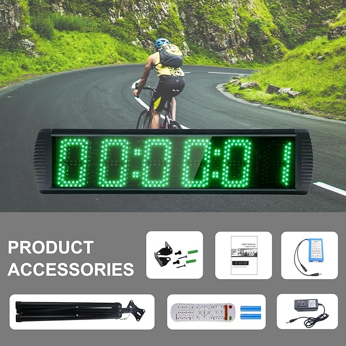 Large LED Display Digital Race Timer with Battery,Function-Countdown/Up/Time Clock, Remote Control, Tripod Stand and Adjustable Brightness for Sports Events, Races, Meetings, Presentations